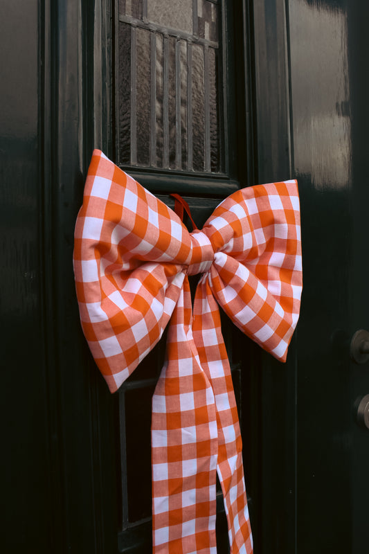 Orange & white gingham cotton blend bow